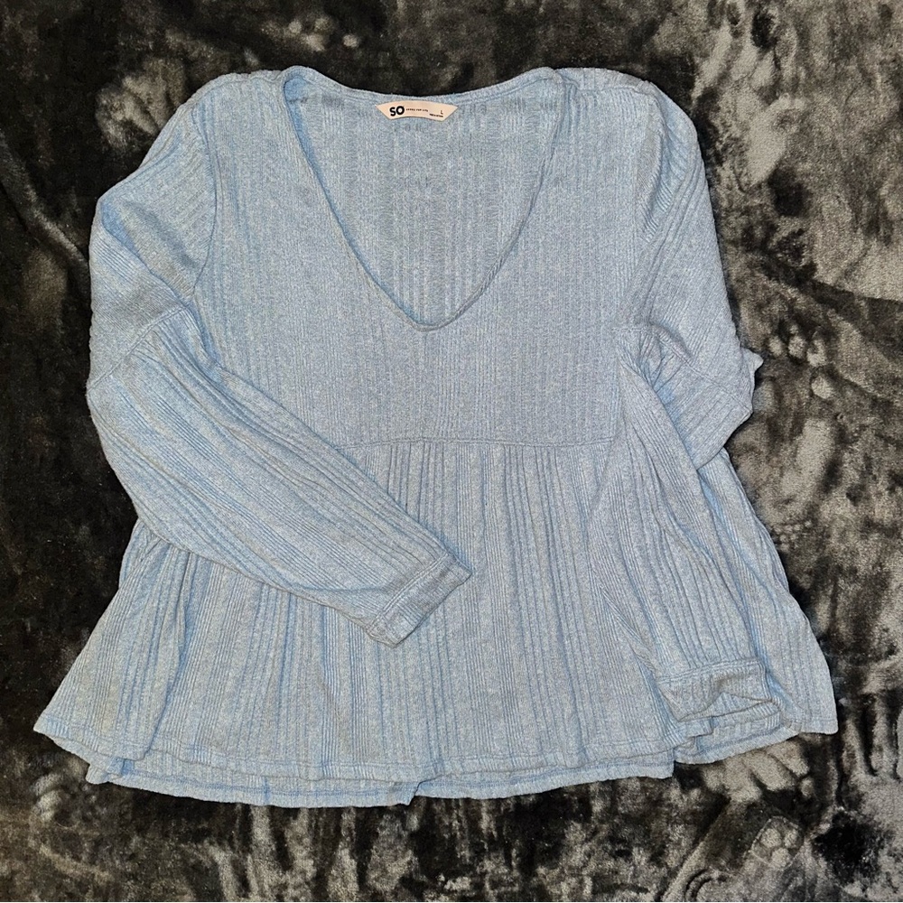 SO Juniors Peplum Top - Ribbed Long Sleeve V-Neck - Size Large - NWOT